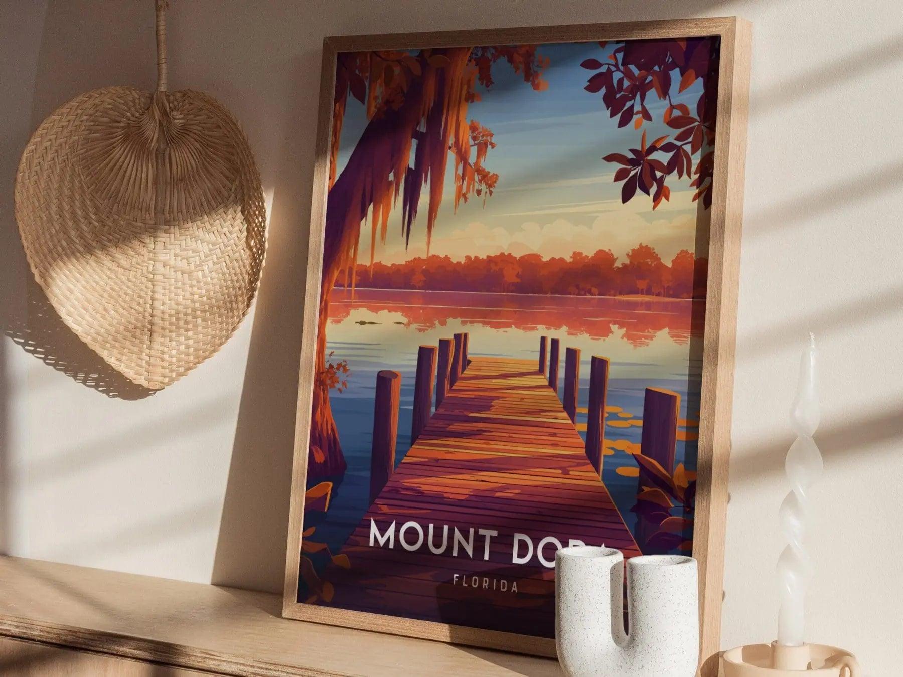 Mount Dora, Florida - Orlando Wall Art Alligator Poster Central FL Travel Print Home Decor Nature Lake Cypress Tree Fisherman Fishing Gift - Swell Scenes