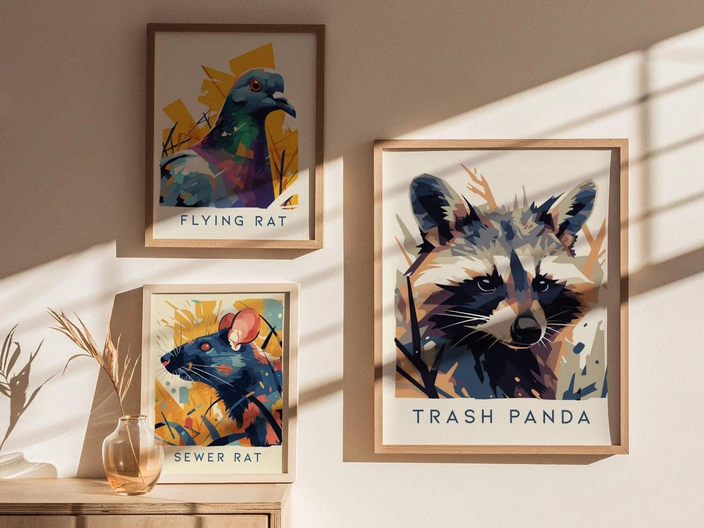 Trash Panda, Urban Wildlife Series, Raccoon Framed Wall Art - City Animal Collection Poster Design Print Funny Apartment Decor Statement Set - Swell Scenes