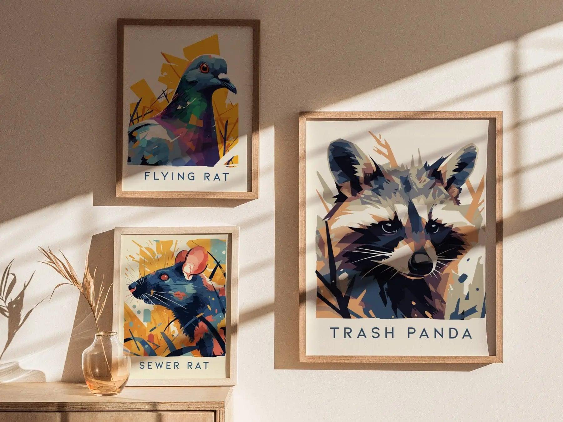 Trash Panda, Urban Wildlife Series, Raccoon Framed Wall Art - City Animal Collection Poster Design Print Funny Apartment Decor Statement Set - Swell Scenes