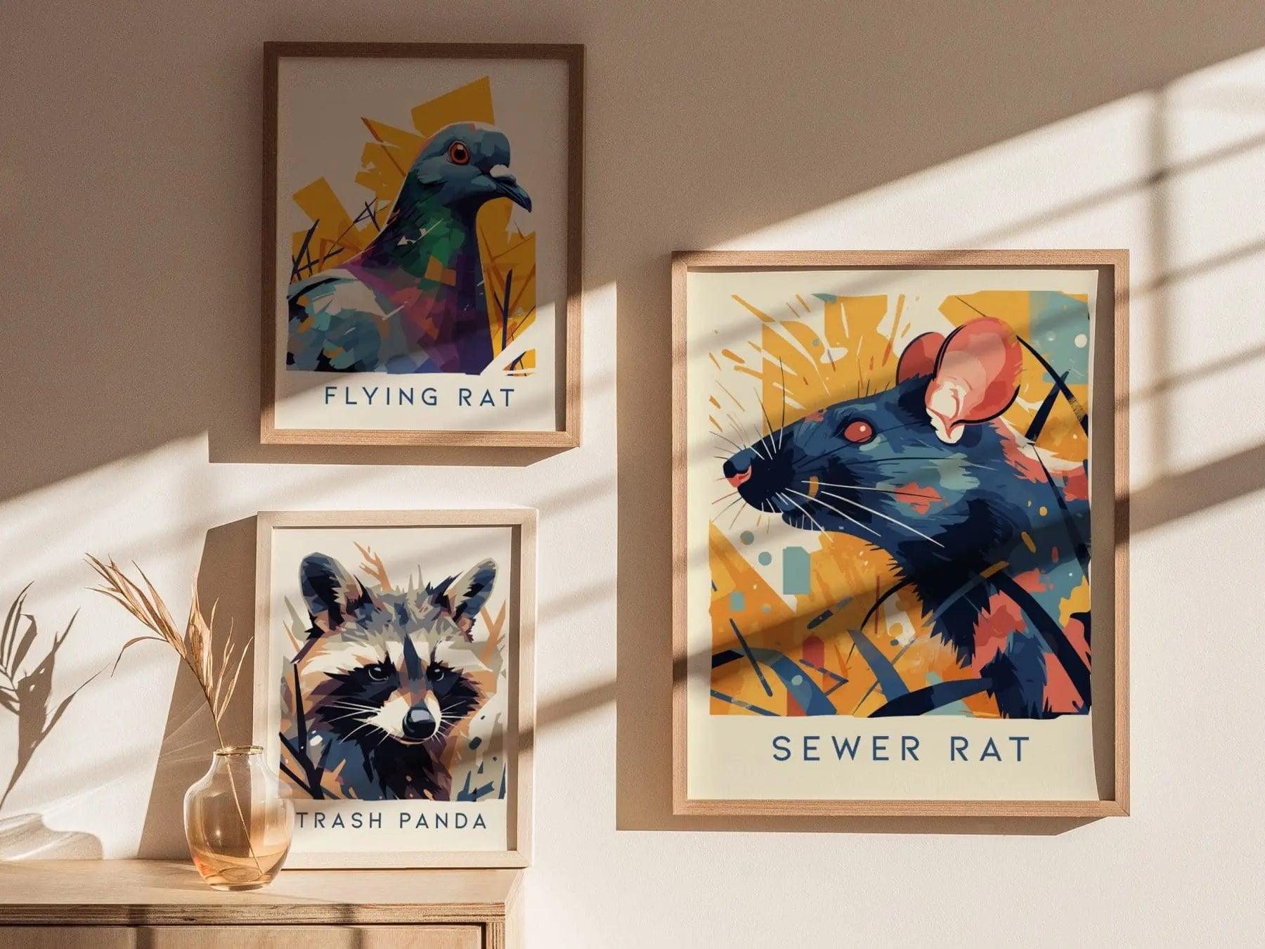Sewer Rat, Urban Wildlife Series, Rodent Framed Wall Art - City Animal Collection Poster Design Print Funny Gift LA NYC Decor Statement Set - Swell Scenes