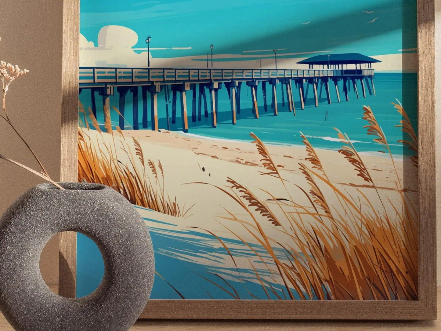 Tybee Island, Savannah, Georgia - Southern Wall Art Beach Town Poster Design Fishing Pier Travel Print Southeast Home Decor Fisherman Gift - Swell Scenes