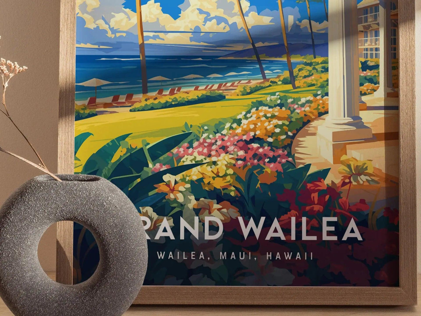 Grand Wailea Hotel, Maui, Hawaii | Beach Island Framed Art Poster Travel Artwork Hawaiian Tropical Vacation Wedding Honeymoon Gift Decor Set - Swell Scenes