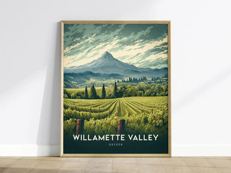 Willamette Valley Oregon wine poster featuring rolling vineyard hills and winery estates in Pinot Noir country wall art
