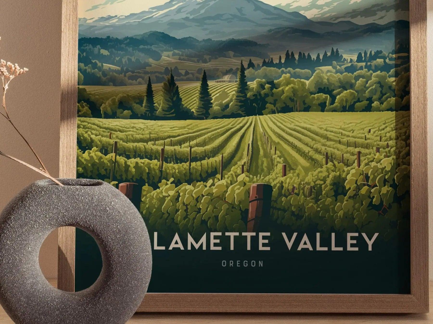 Willamette Valley Oregon wine poster alternative angle highlighting Pinot Noir vineyard region and wine country estate detail