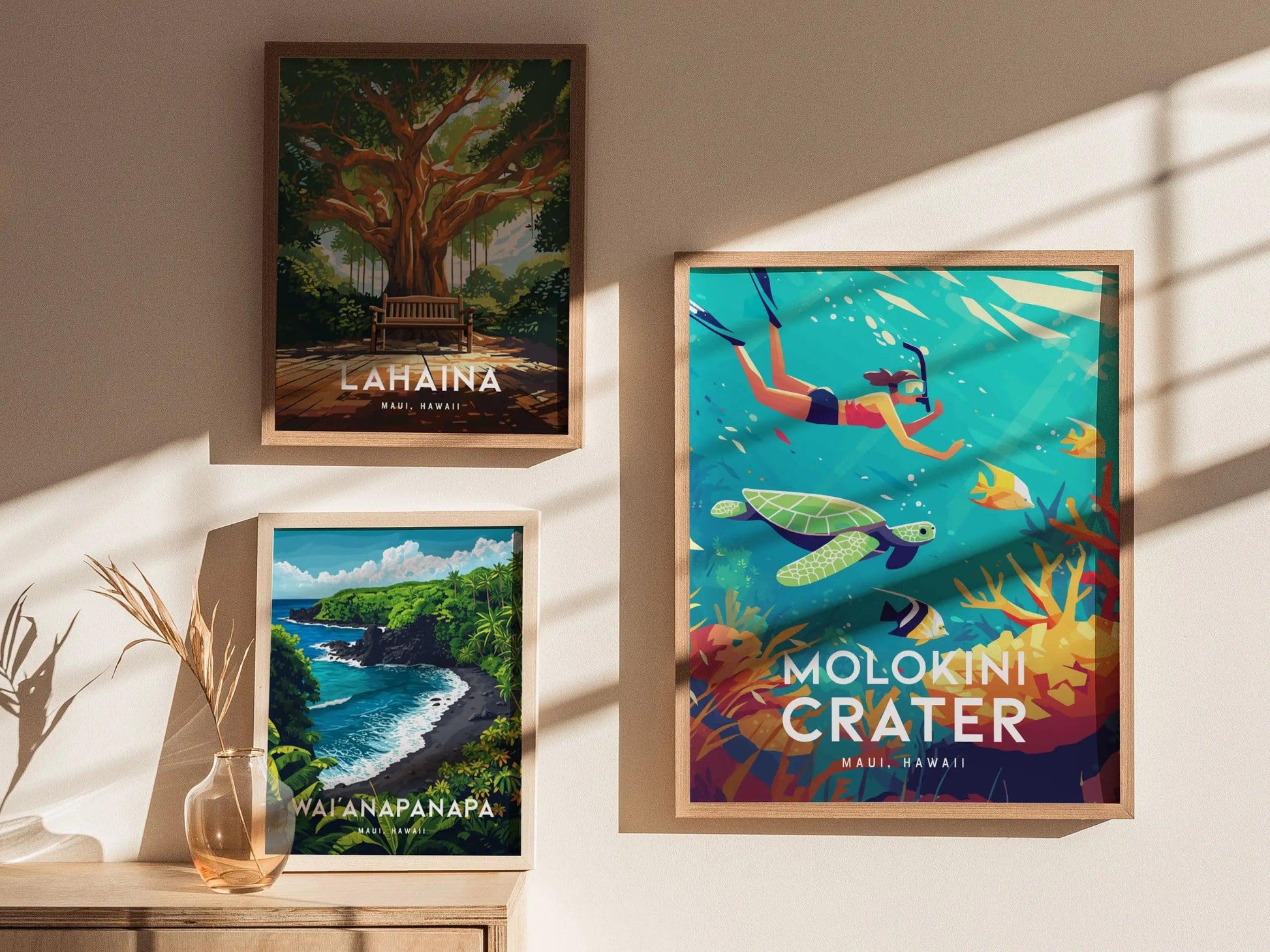 Molokini Crater, Maui, Hawaii | Snorkel Dive Sea Turtle Island Framed Wall Art Poster Travel Artwork Hawaiian Tropical Decor Honeymoon Gift - Swell Scenes