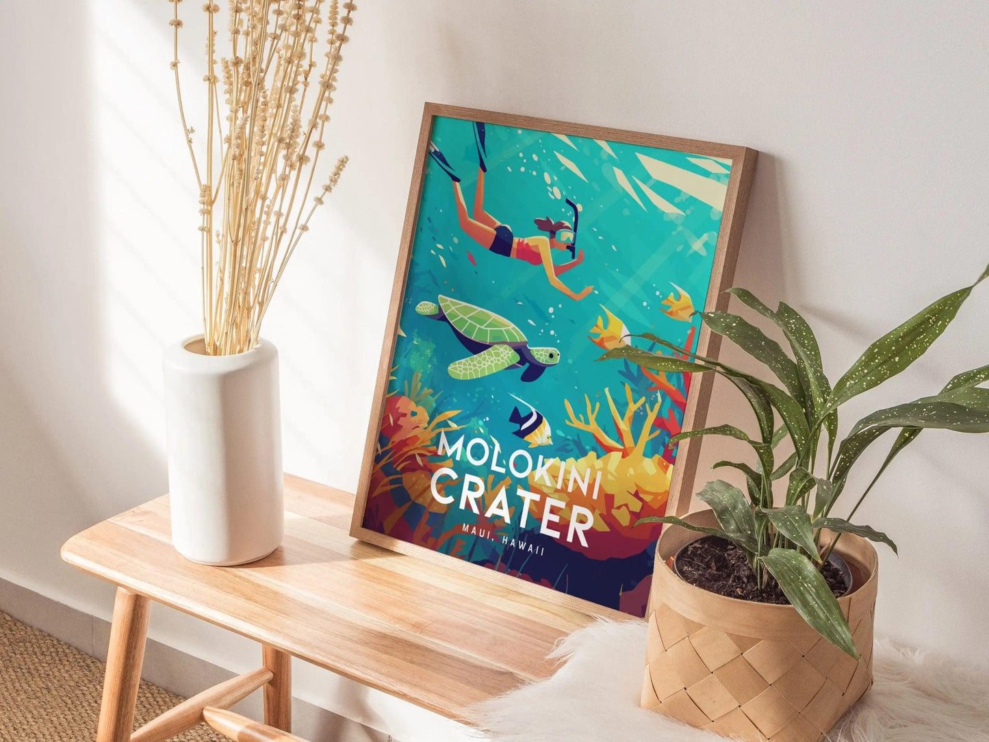 Molokini Crater, Maui, Hawaii | Snorkel Dive Sea Turtle Island Framed Wall Art Poster Travel Artwork Hawaiian Tropical Decor Honeymoon Gift - Swell Scenes