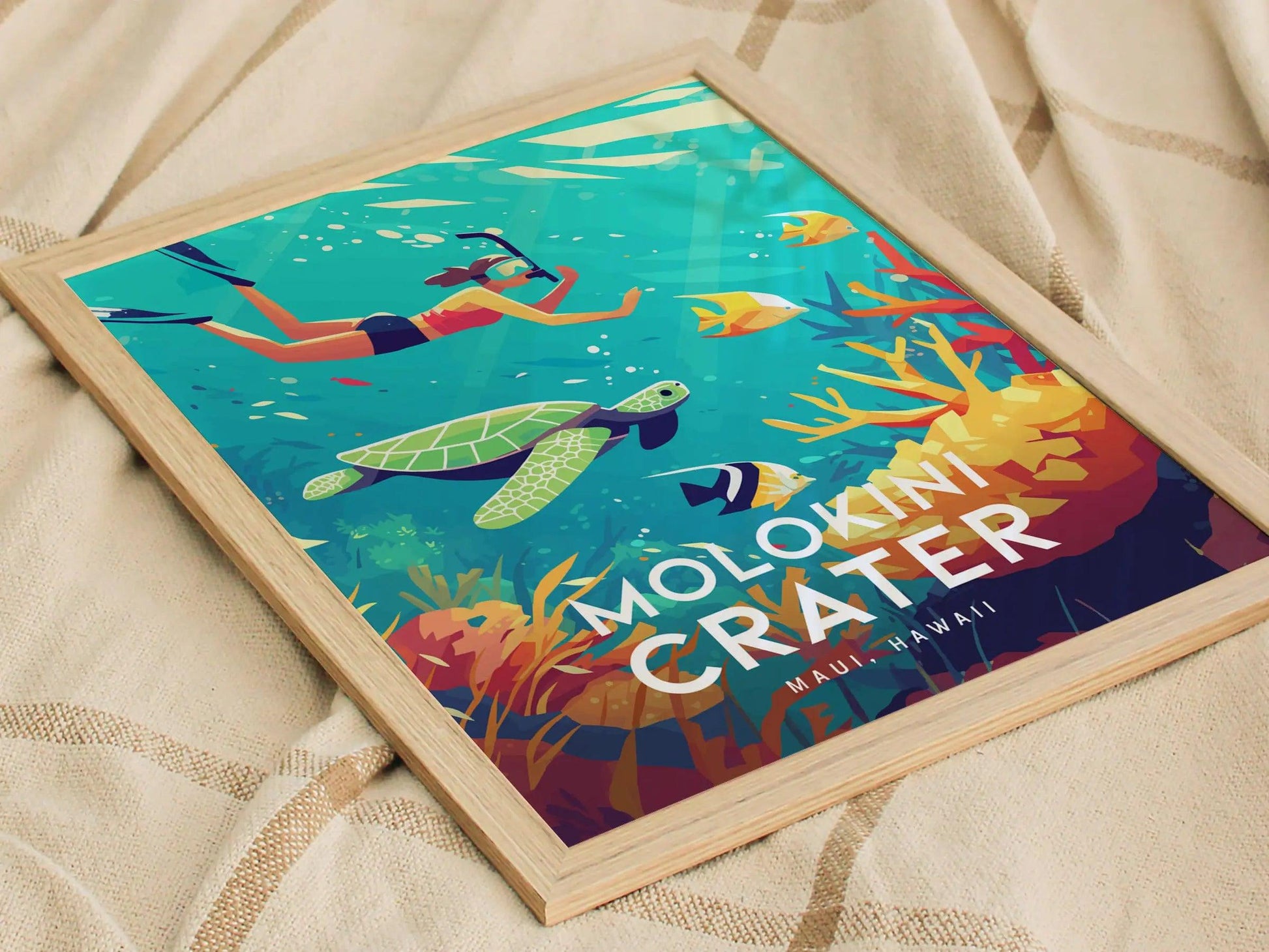 Molokini Crater, Maui, Hawaii | Snorkel Dive Sea Turtle Island Framed Wall Art Poster Travel Artwork Hawaiian Tropical Decor Honeymoon Gift - Swell Scenes