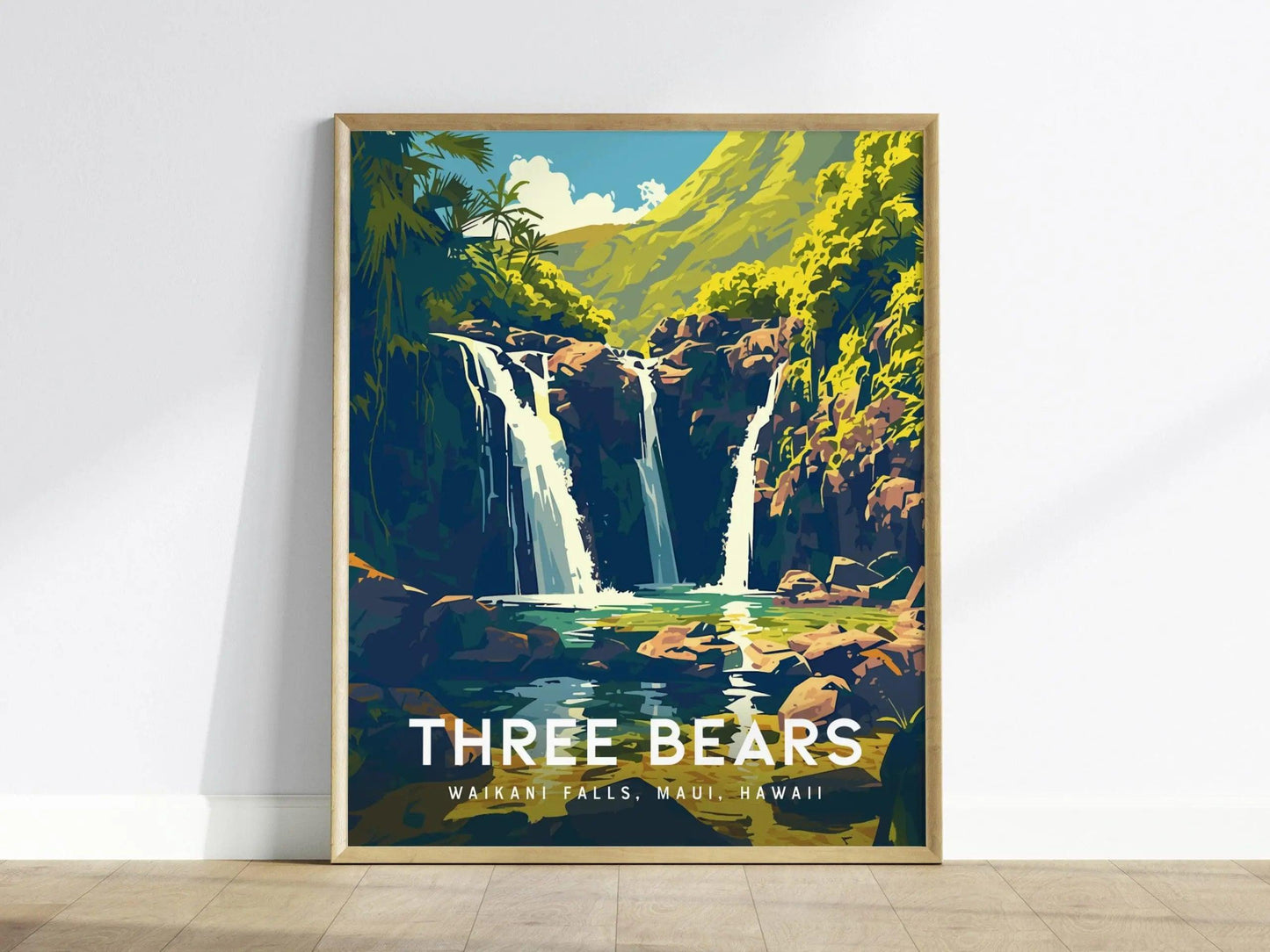 Three Bears Falls, Upper Waikani Waterfall, Maui, Hawaii | Island Framed Wall Art Poster Travel Artwork Hawaiian Tropical Hana Decor Gift - Swell Scenes