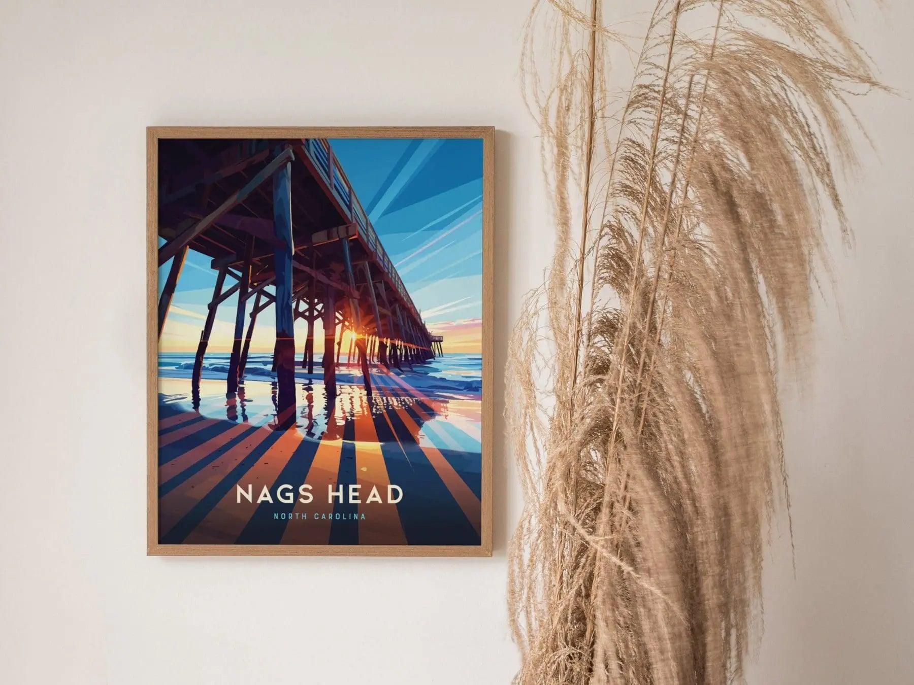Nags Head Outer Banks Surfer Pier Framed Wall Art, North Carolina Beach Poster Design, OBX Surfing Unframed Print, Nags Head Home Decor Art - Swell Scenes