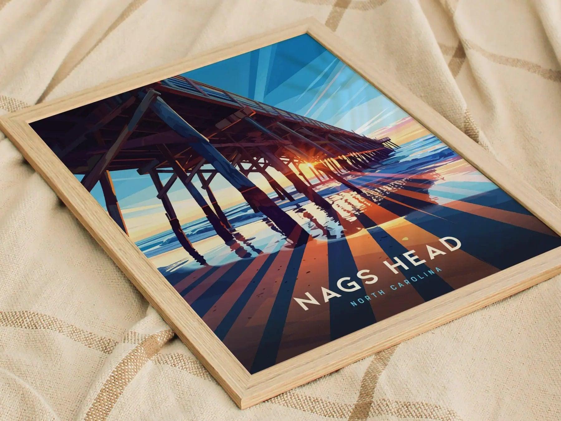 Nags Head Outer Banks Surfer Pier Framed Wall Art, North Carolina Beach Poster Design, OBX Surfing Unframed Print, Nags Head Home Decor Art - Swell Scenes