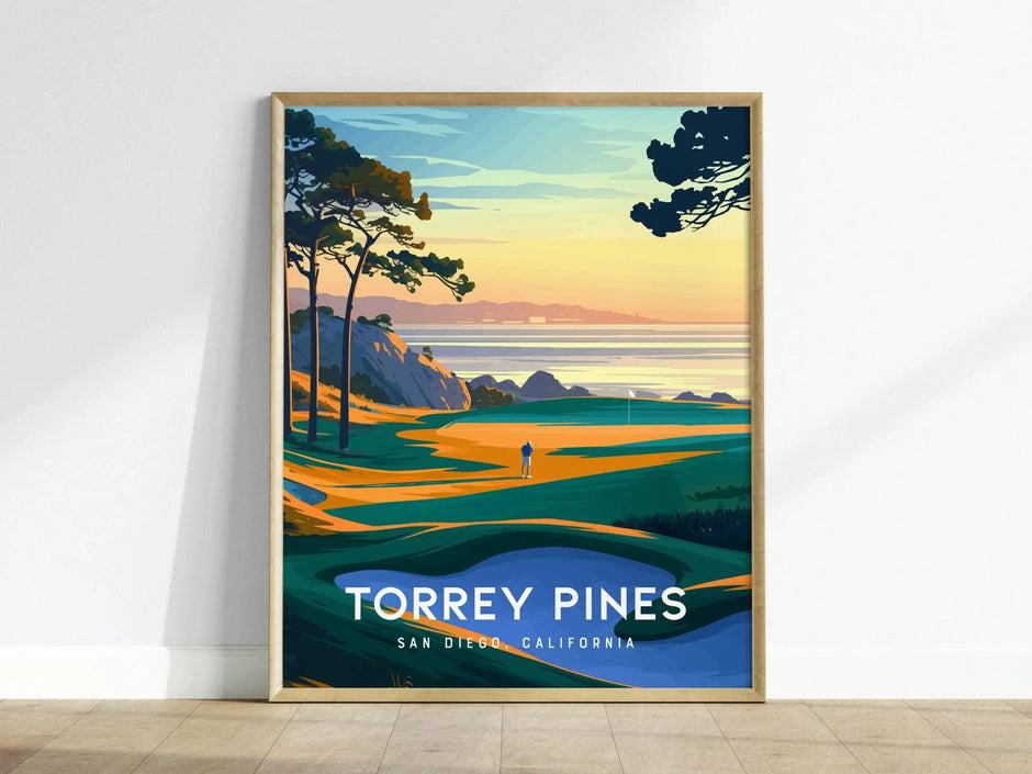 Torrey Pines Golf Course poster featuring dramatic Pacific Ocean cliffs and championship fairways San Diego wall art