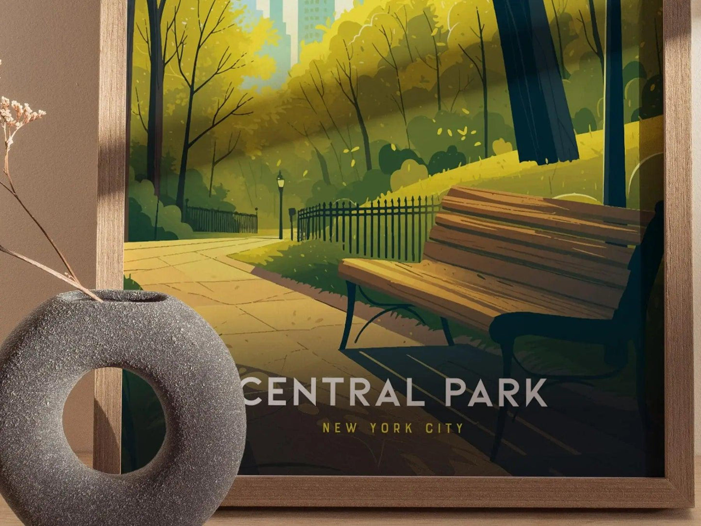 Central Park Poster, New York City Park View Art, Framed/Unframed NYC Wall Decor, Urban Park Bench Scene, Manhattan Skyline Gift - Swell Scenes