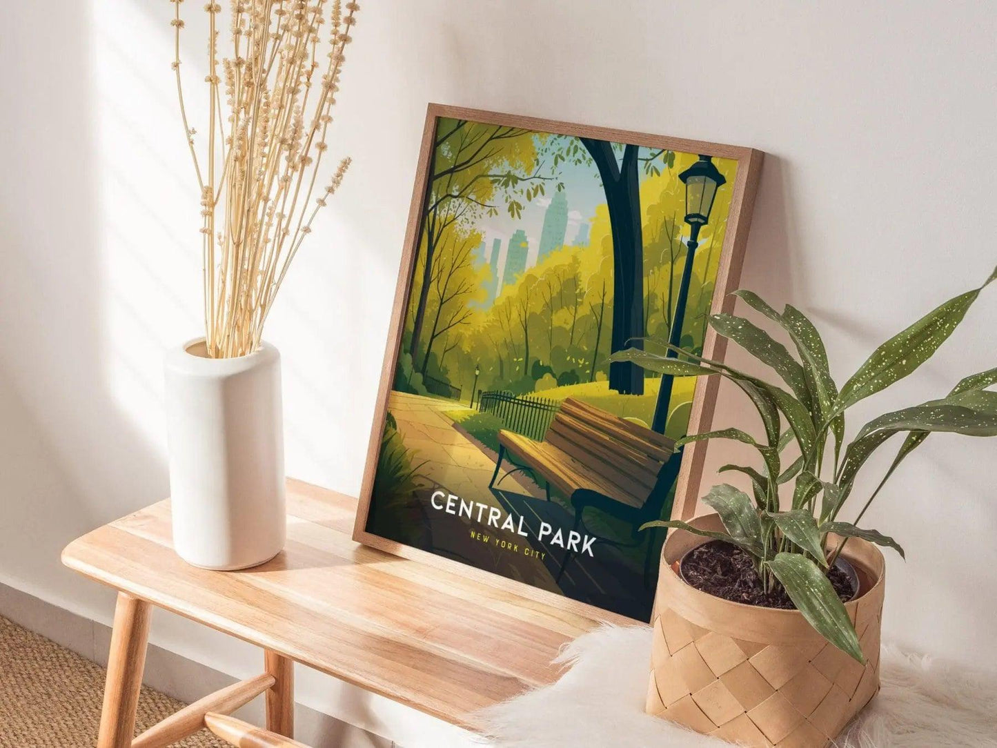 Central Park Poster, New York City Park View Art, Framed/Unframed NYC Wall Decor, Urban Park Bench Scene, Manhattan Skyline Gift - Swell Scenes