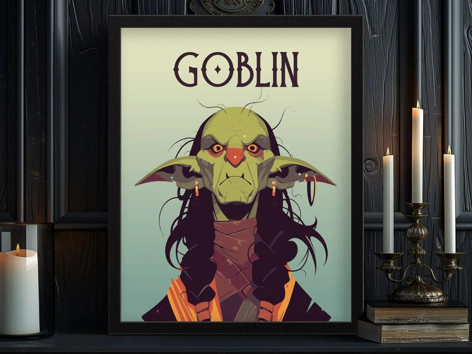 Goblin Fantasy Character Portrait Framed Wall Art, LOTR D&D WoW RPG Fan Gift, Game Room Decor, Mythical Folklore Dark Academia Gamer Poster - Swell Scenes
