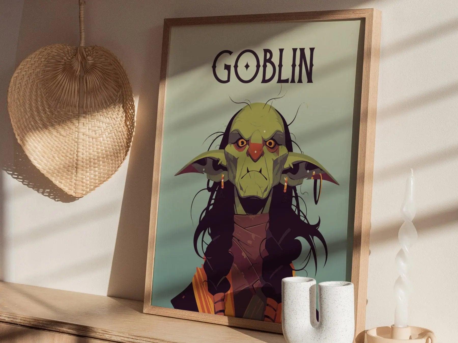Goblin Fantasy Character Portrait Framed Wall Art, LOTR D&D WoW RPG Fan Gift, Game Room Decor, Mythical Folklore Dark Academia Gamer Poster - Swell Scenes