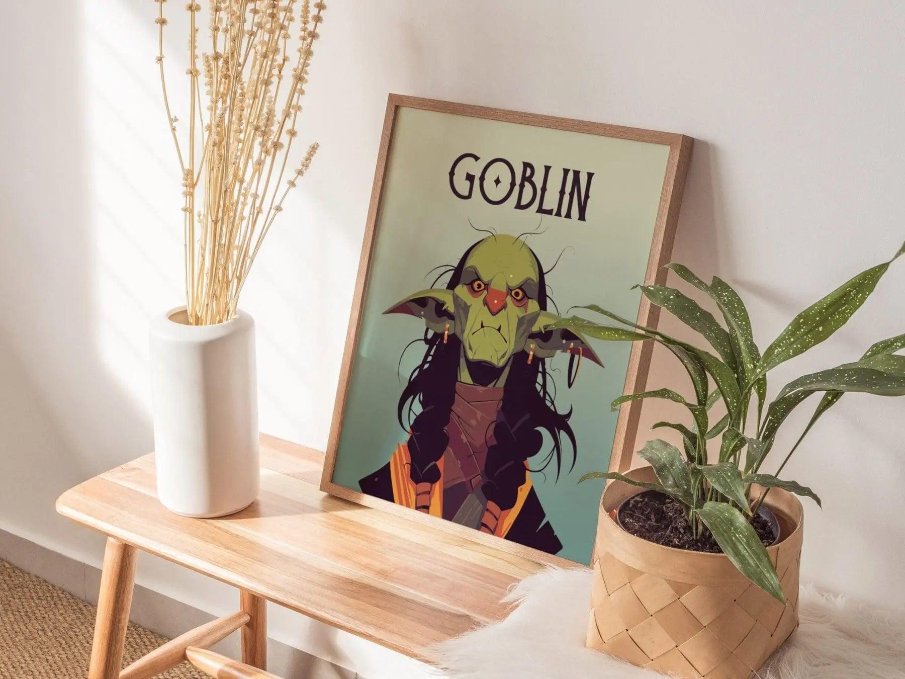 Goblin Fantasy Character Portrait Framed Wall Art, LOTR D&D WoW RPG Fan Gift, Game Room Decor, Mythical Folklore Dark Academia Gamer Poster - Swell Scenes