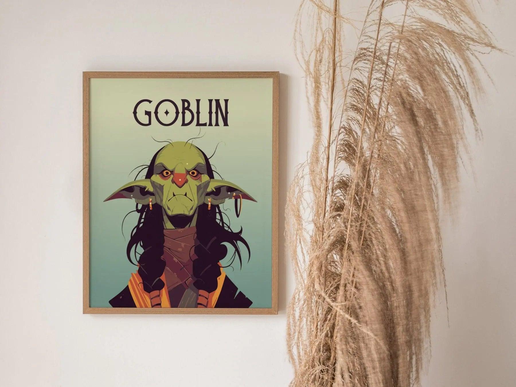 Goblin Fantasy Character Portrait Framed Wall Art, LOTR D&D WoW RPG Fan Gift, Game Room Decor, Mythical Folklore Dark Academia Gamer Poster - Swell Scenes