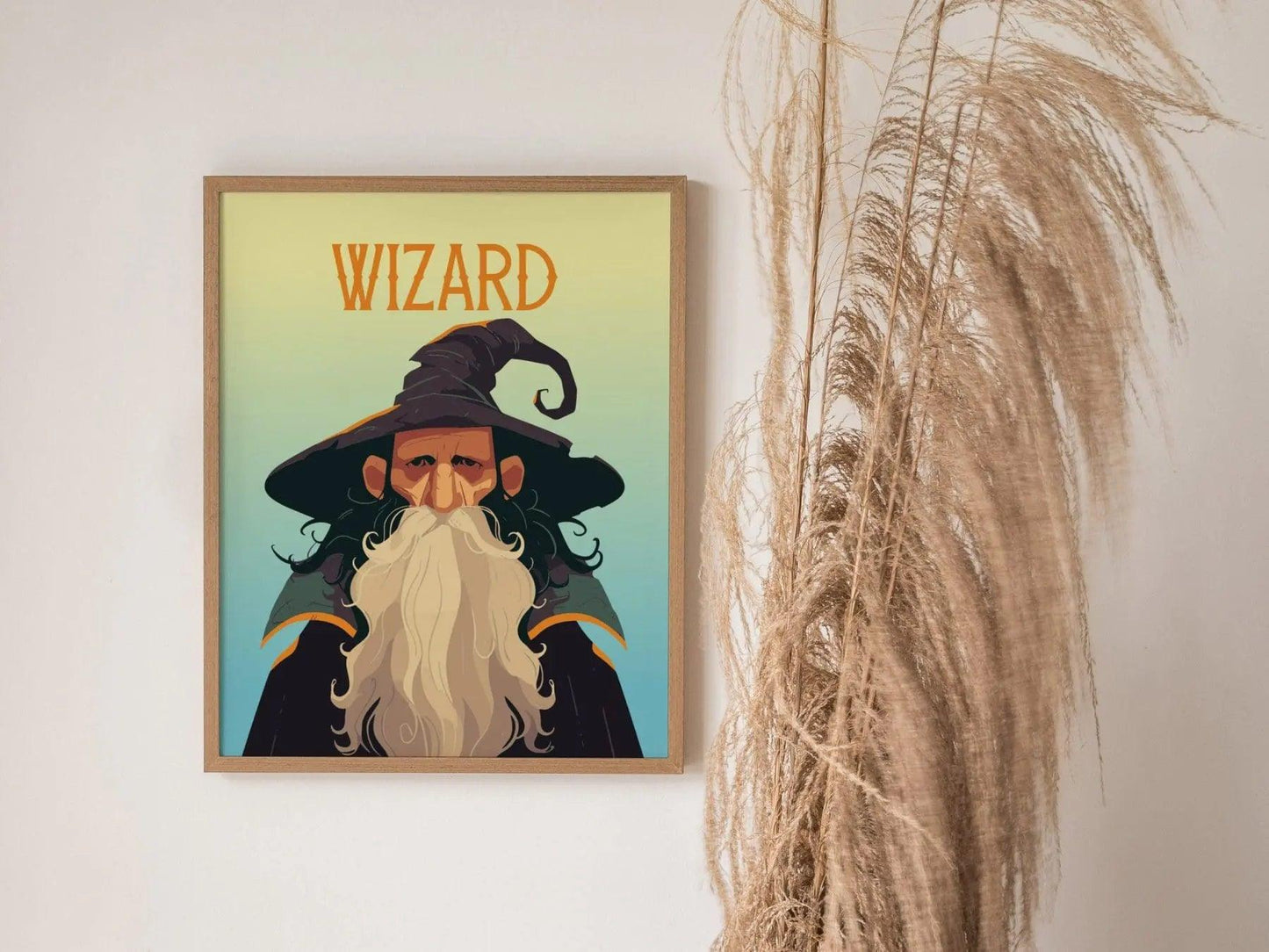 Fantasy wizard wall art displayed in game room or study with mystical sorcerer portrait and magical atmosphere