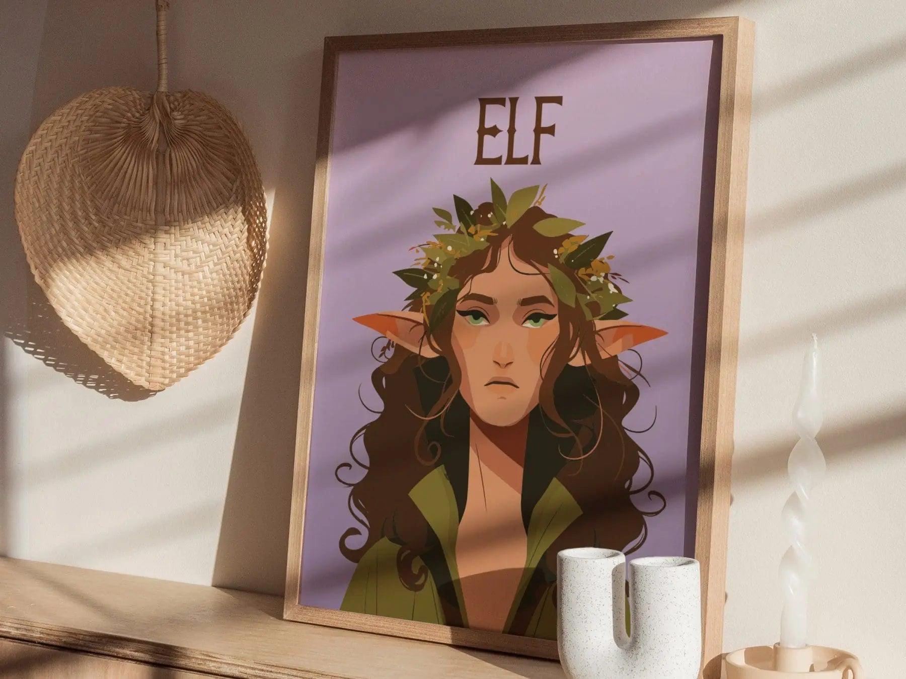 Elf Fantasy Portrait Framed Wall Art, LOTR D&D Warcraft Fan Gift, Wood Elf Wiccan Room Decor, Elvish Folklore Elves Cottagecore Poster - Swell Scenes