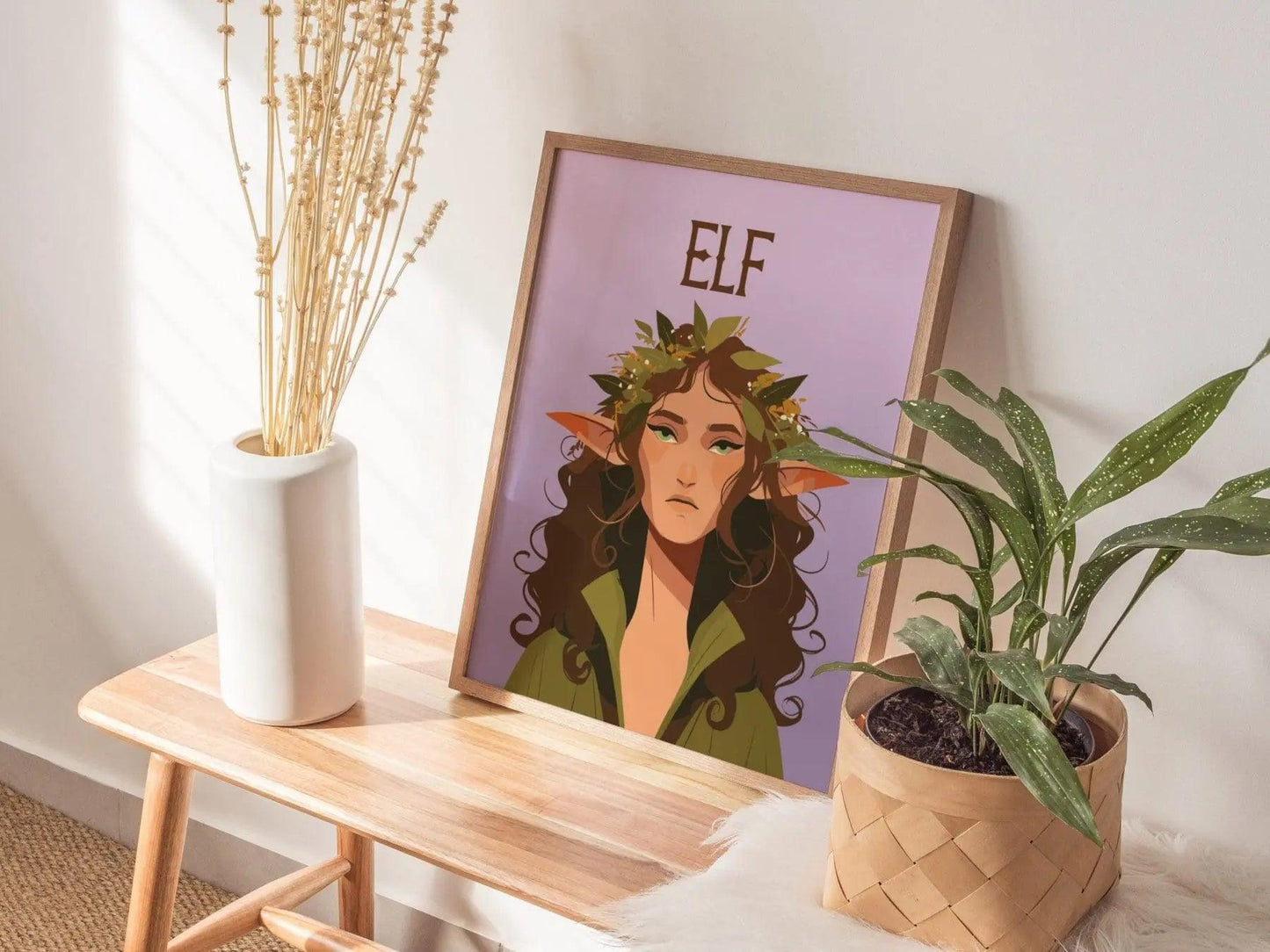 Elf Fantasy Portrait Framed Wall Art, LOTR D&D Warcraft Fan Gift, Wood Elf Wiccan Room Decor, Elvish Folklore Elves Cottagecore Poster - Swell Scenes