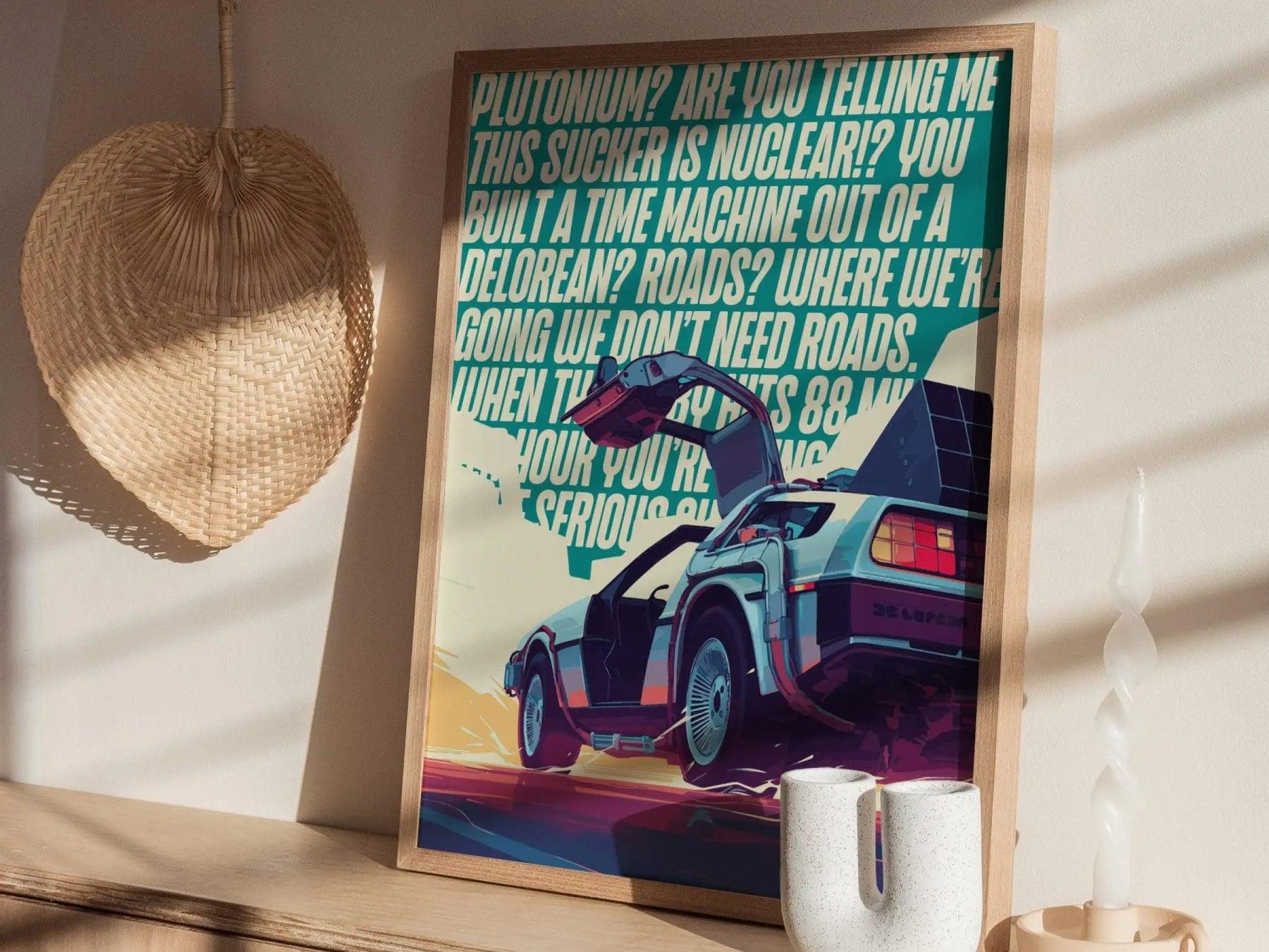 DeLorean Time Machine Back To The Future Framed Wall Art | 80s Scifi Movie Fan Poster Classic Car Fan Nostalgic Sci-Fi Film Decor Gift Set - Swell Scenes