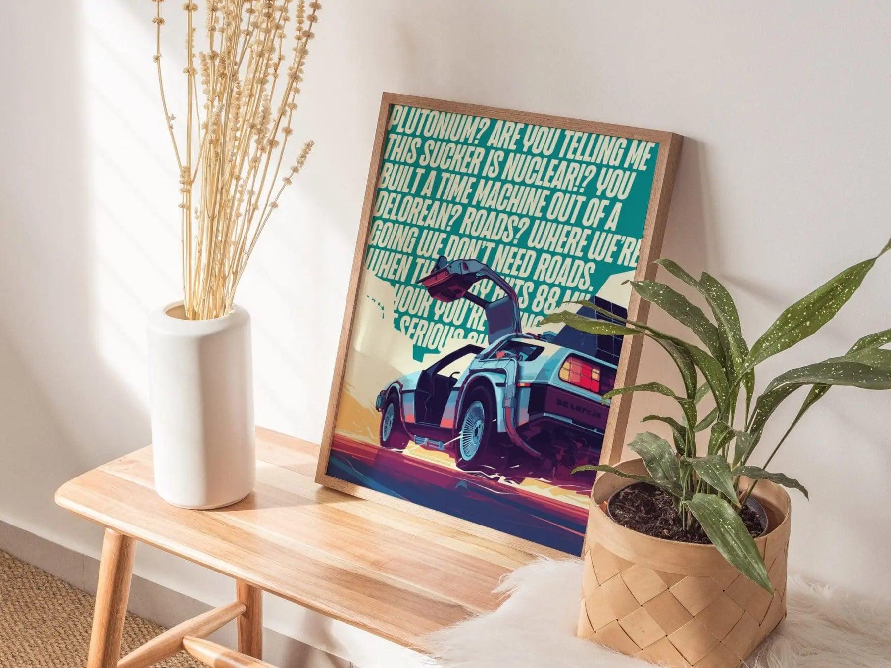 DeLorean Time Machine Back To The Future Framed Wall Art | 80s Scifi Movie Fan Poster Classic Car Fan Nostalgic Sci-Fi Film Decor Gift Set - Swell Scenes