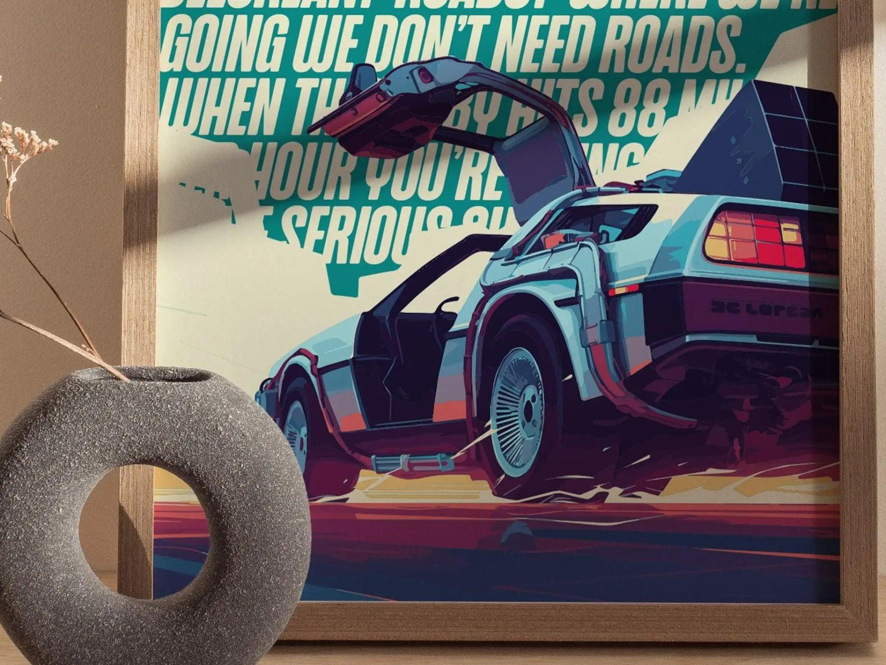 DeLorean Time Machine Back To The Future Framed Wall Art | 80s Scifi Movie Fan Poster Classic Car Fan Nostalgic Sci-Fi Film Decor Gift Set - Swell Scenes