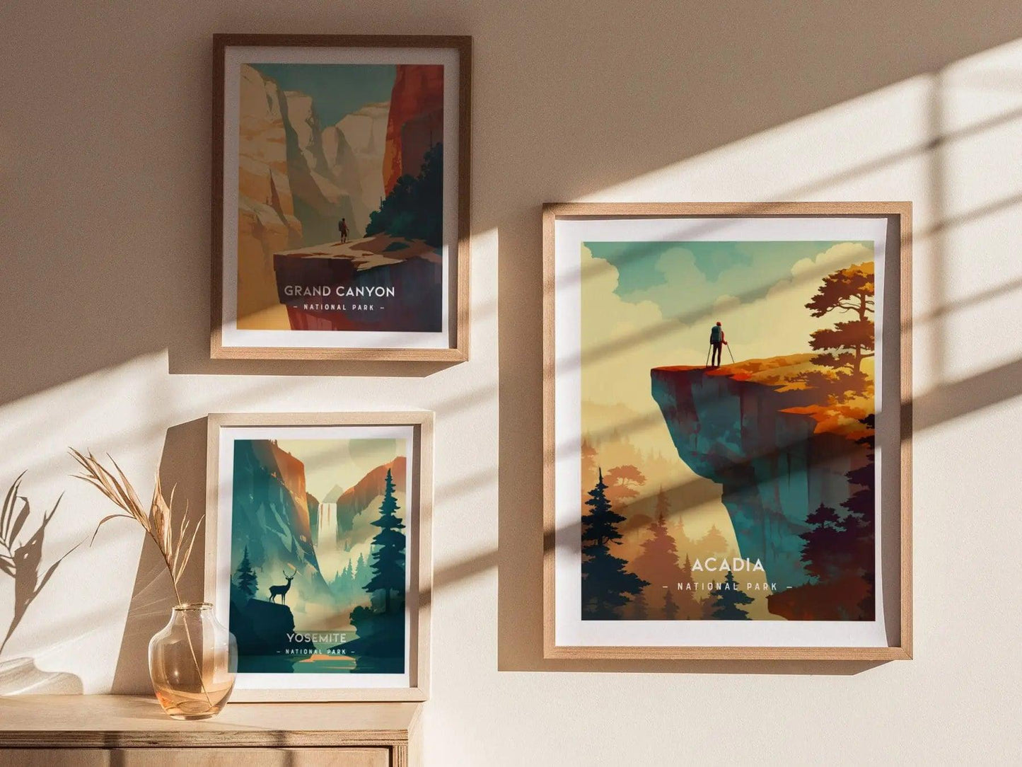 Acadia National Park Minimalist Series Framed Wall Art, Maine Nature Vintage Poster Design Minimal Elegant Home Decor Hiker Gift Set - Swell Scenes