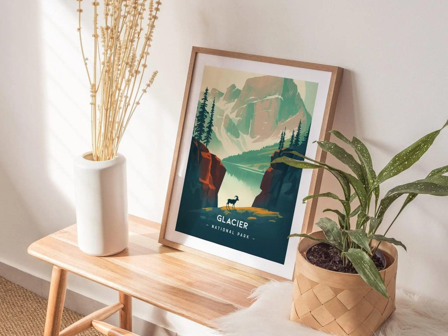 Glacier National Park Minimalist Series Framed Wall Art, Montana Nature Vintage Poster Design Minimal Bighorn Home Decor Hiker Gift Set - Swell Scenes