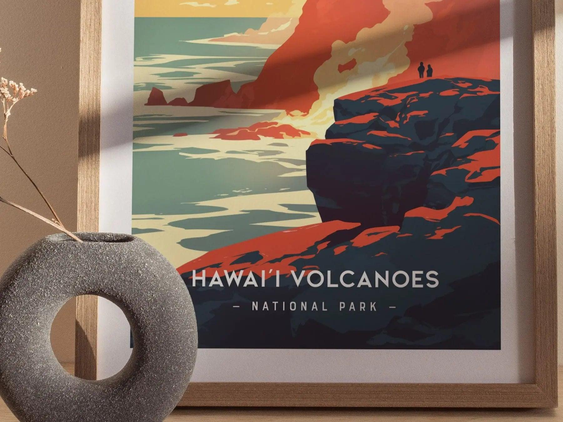 Hawaii Volcanoes National Park Minimalist Series Framed Wall Art, Big Island Volcano Vintage Poster Minimal Home Decor Mauna Loa Gift Set - Swell Scenes