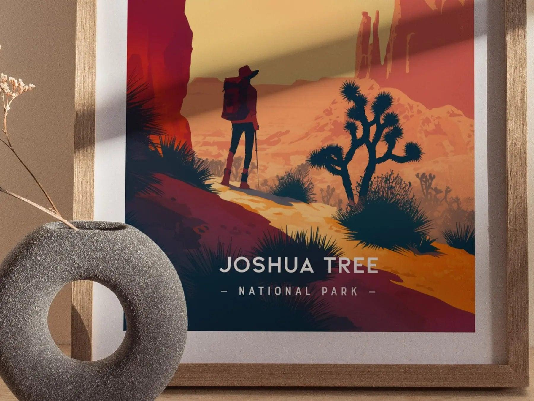 Joshua Tree National Park Minimalist Series Framed Wall Art, California Desert Vintage Poster Minimal Home Decor Socal Nature Hiker Gift Set - Swell Scenes