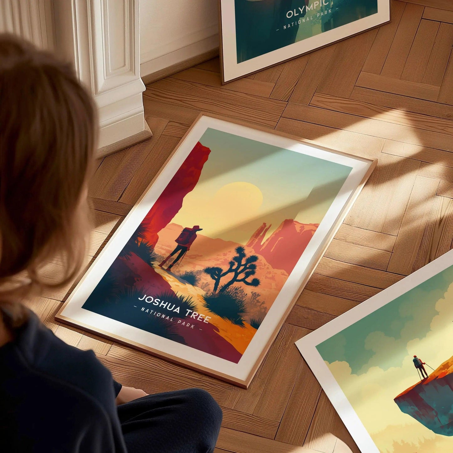 Joshua Tree National Park Minimalist Series Framed Wall Art, California Desert Vintage Poster Minimal Home Decor Socal Nature Hiker Gift Set - Swell Scenes