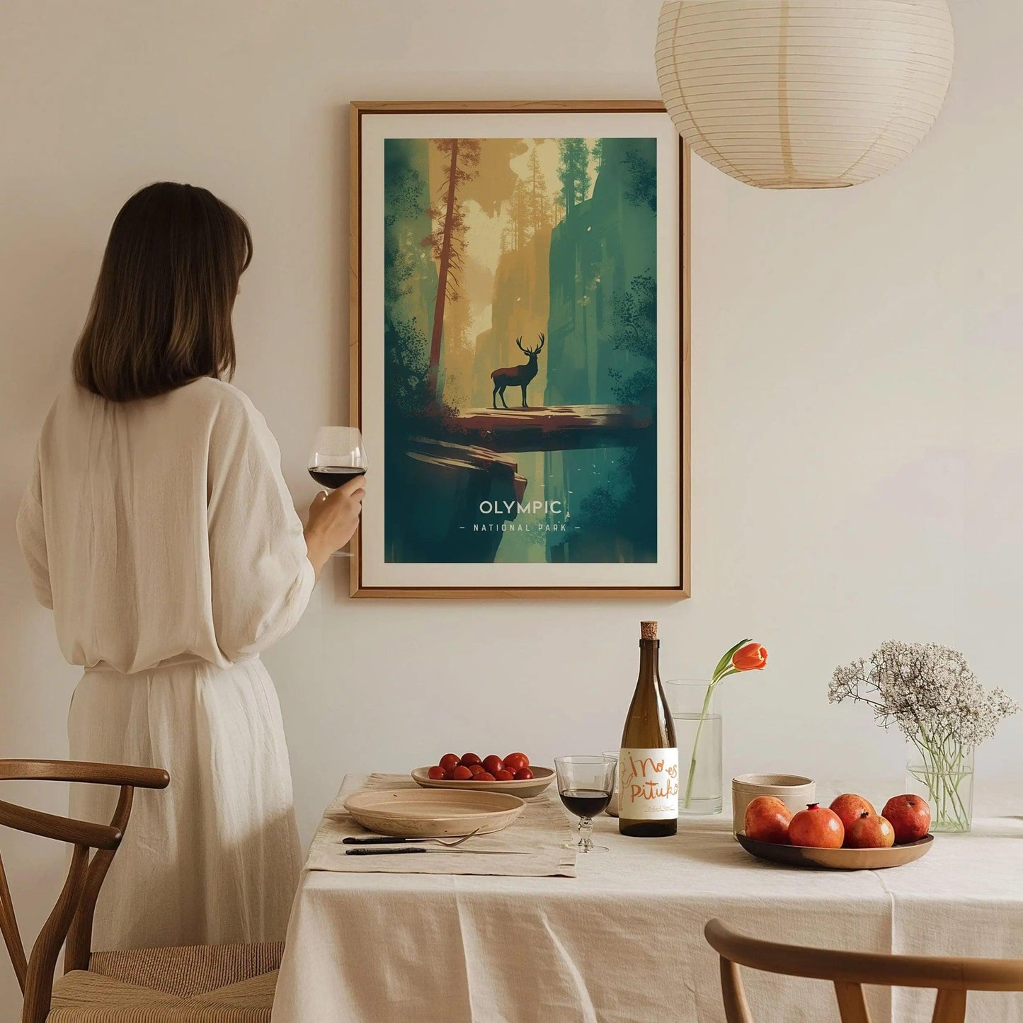 Olympic National Park Minimalist Series Framed Wall Art, Washington Hoh Forest Vintage Poster Minimal Home Decor Elk Nature Hiker Gift Set - Swell Scenes