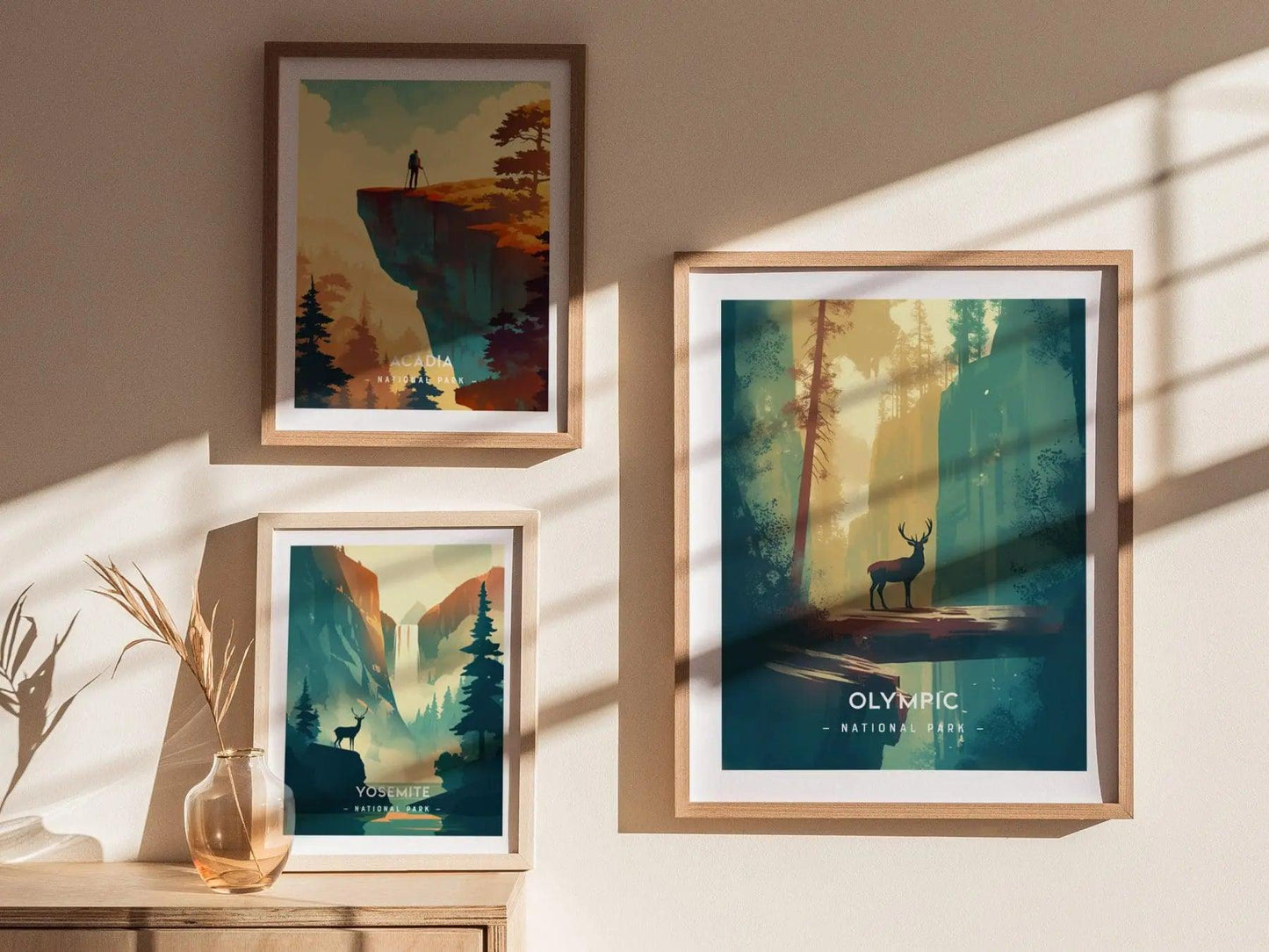 Olympic National Park Minimalist Series Framed Wall Art, Washington Hoh Forest Vintage Poster Minimal Home Decor Elk Nature Hiker Gift Set - Swell Scenes