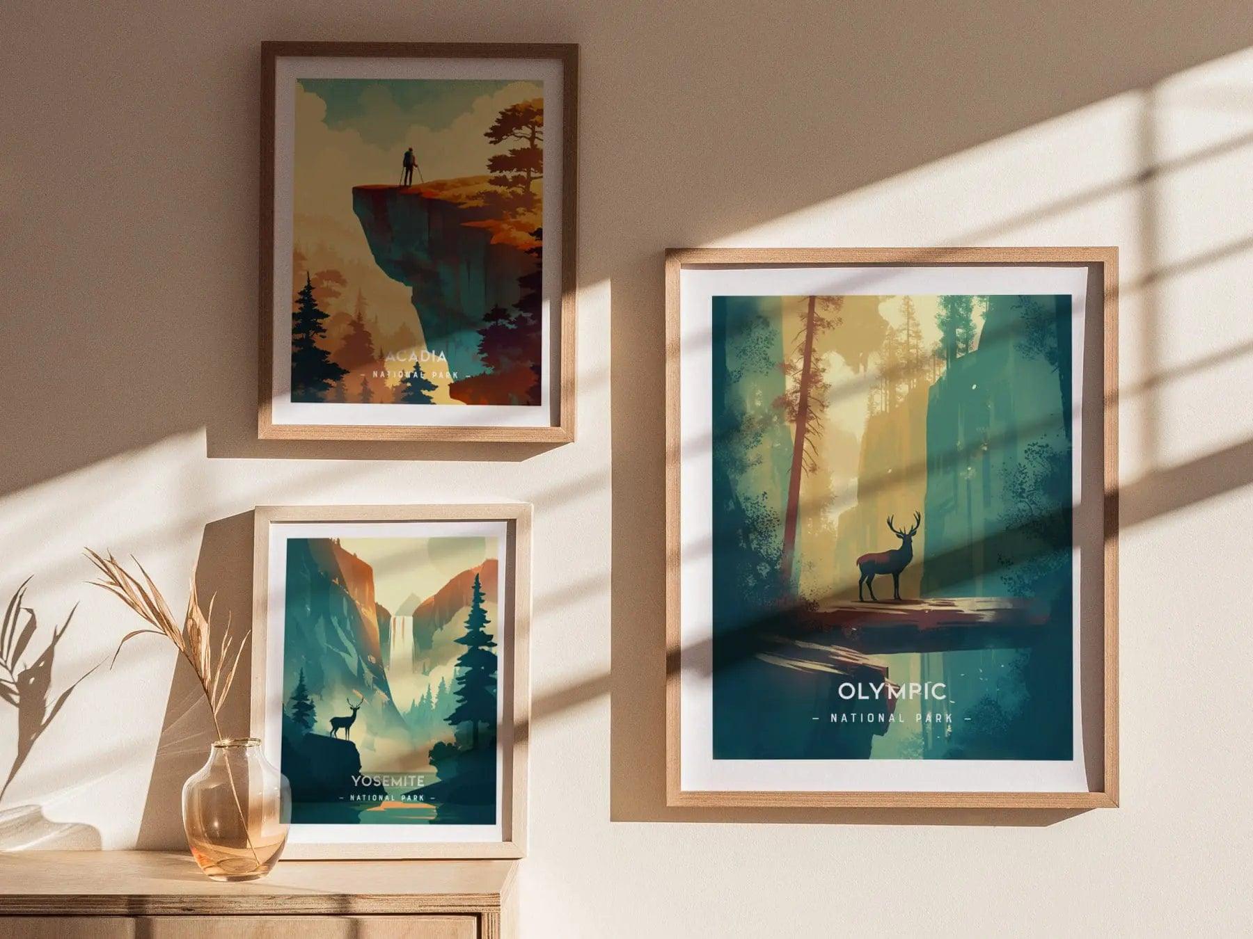 Olympic National Park Minimalist Series Framed Wall Art, Washington Hoh Forest Vintage Poster Minimal Home Decor Elk Nature Hiker Gift Set - Swell Scenes