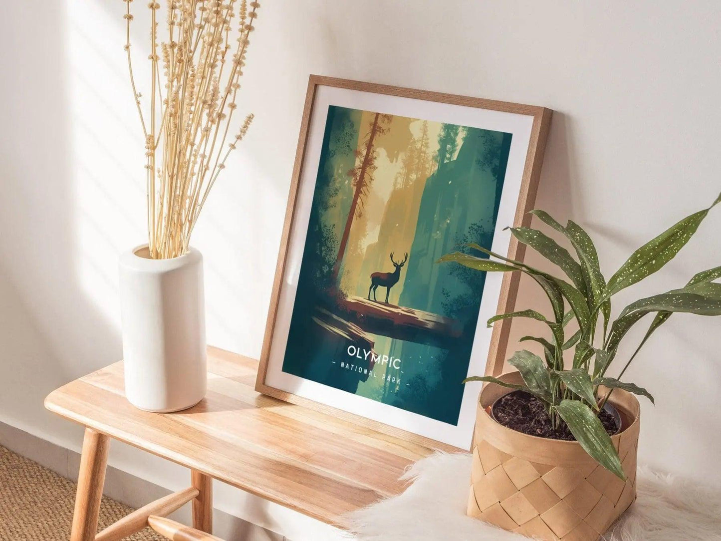 Olympic National Park Minimalist Series Framed Wall Art, Washington Hoh Forest Vintage Poster Minimal Home Decor Elk Nature Hiker Gift Set - Swell Scenes