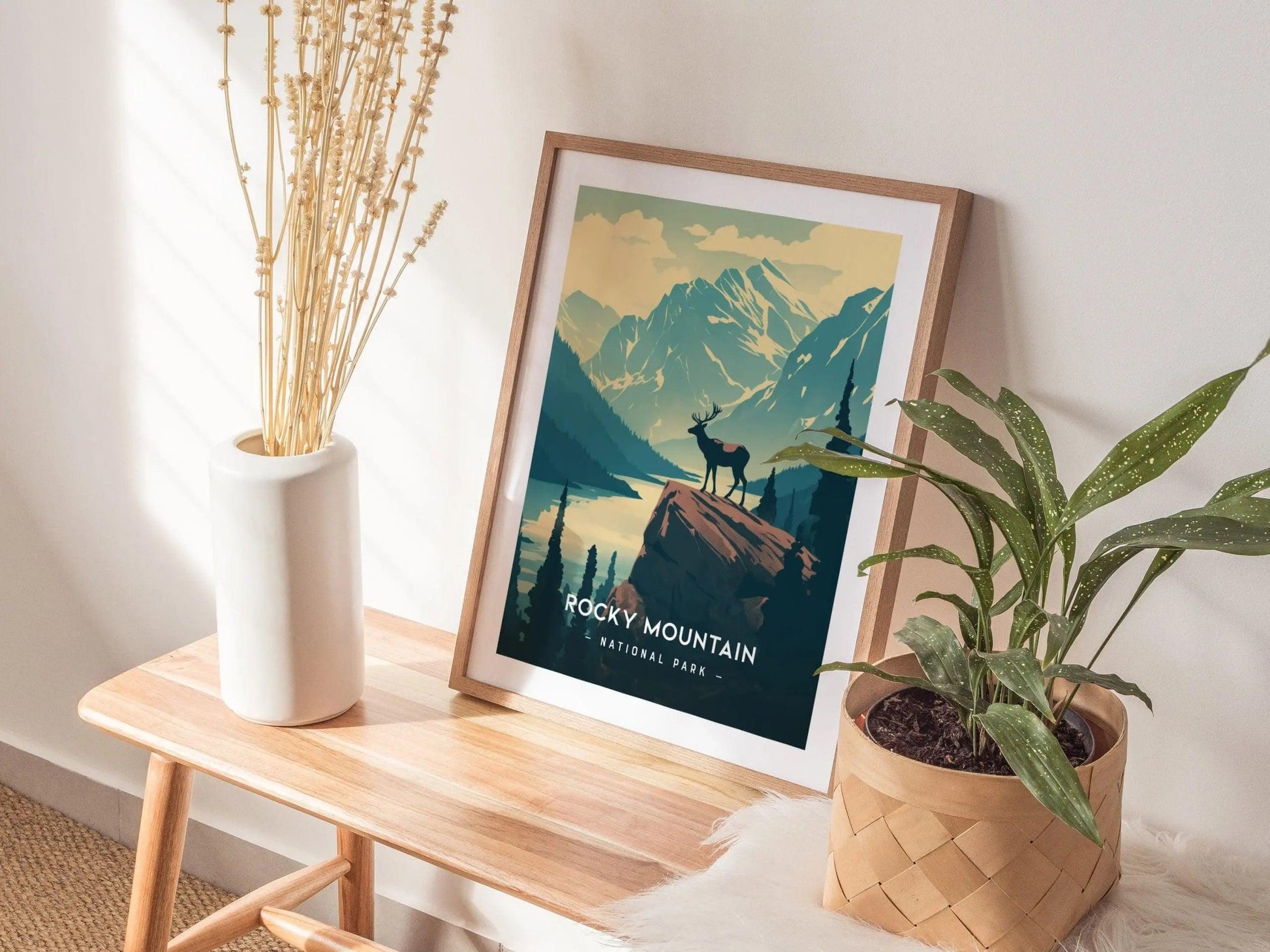 Rocky Mountain National Park Minimalist Series Framed Wall Art, Denver Colorado Vintage Poster Minimal Home Decor Elk Nature Hiker Gift Set - Swell Scenes
