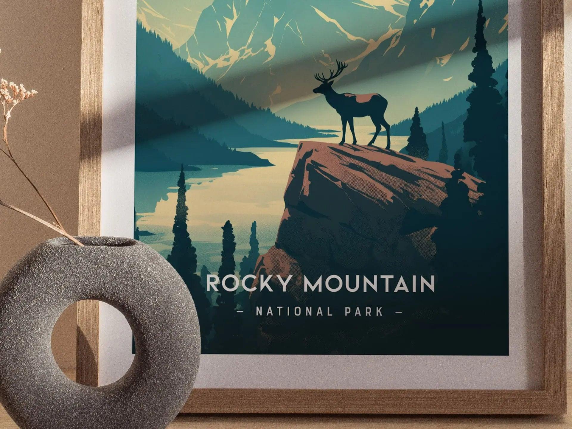 Rocky Mountain National Park Minimalist Series Framed Wall Art, Denver Colorado Vintage Poster Minimal Home Decor Elk Nature Hiker Gift Set - Swell Scenes