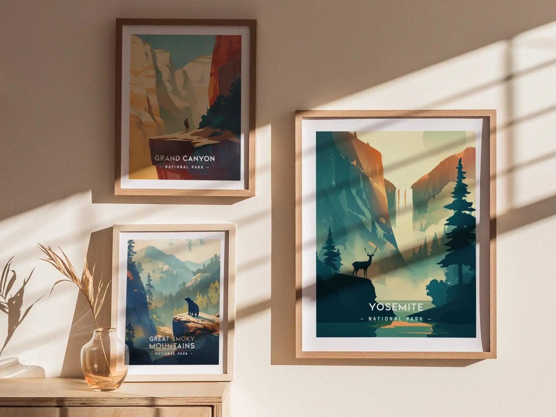 Yosemite National Park Minimalist Series Framed Wall Art, California Sierra Nevada Vintage Poster Minimal Home Decor Nature Hiker Gift Set - Swell Scenes