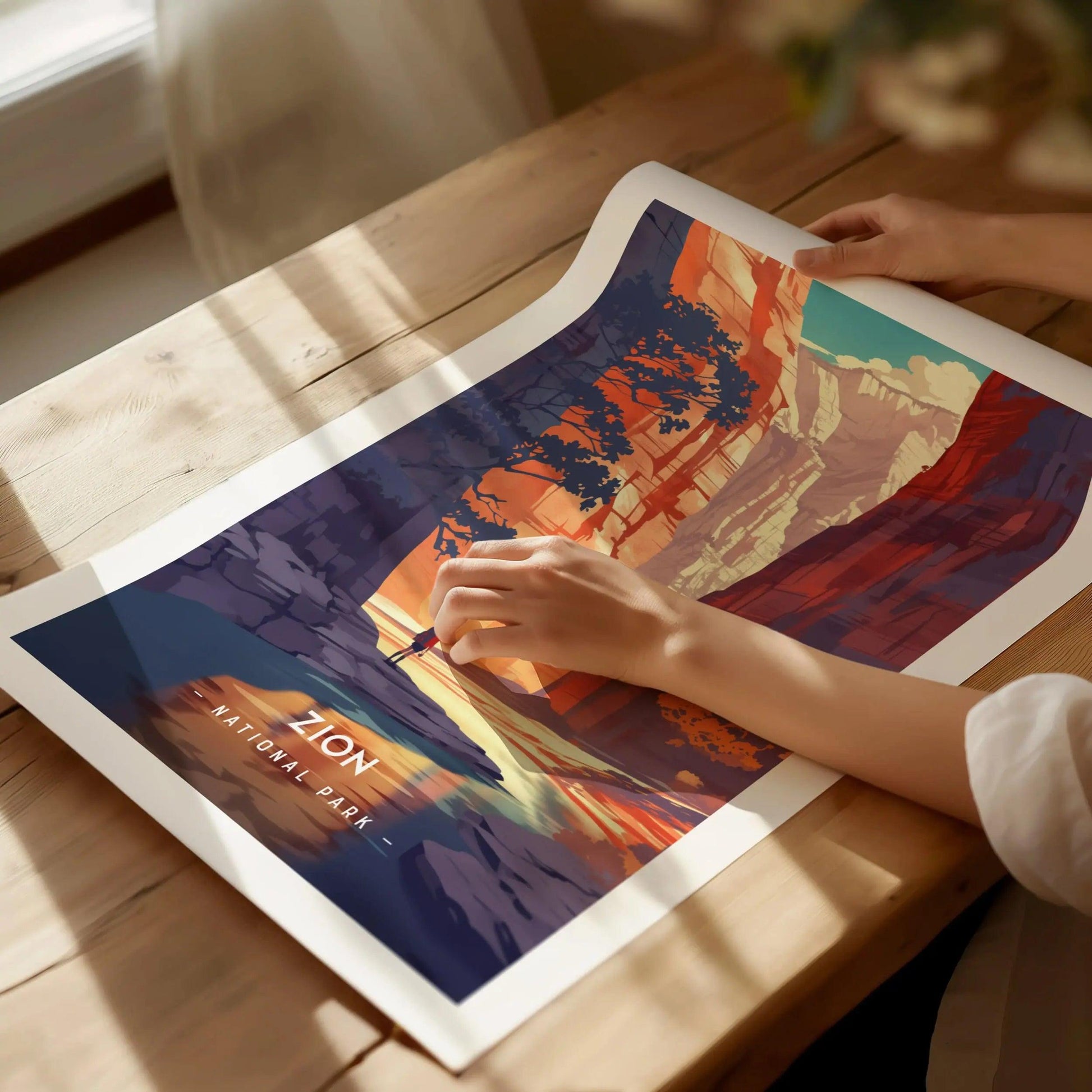 Close-up of museum-quality matte paper used for minimalist Zion poster