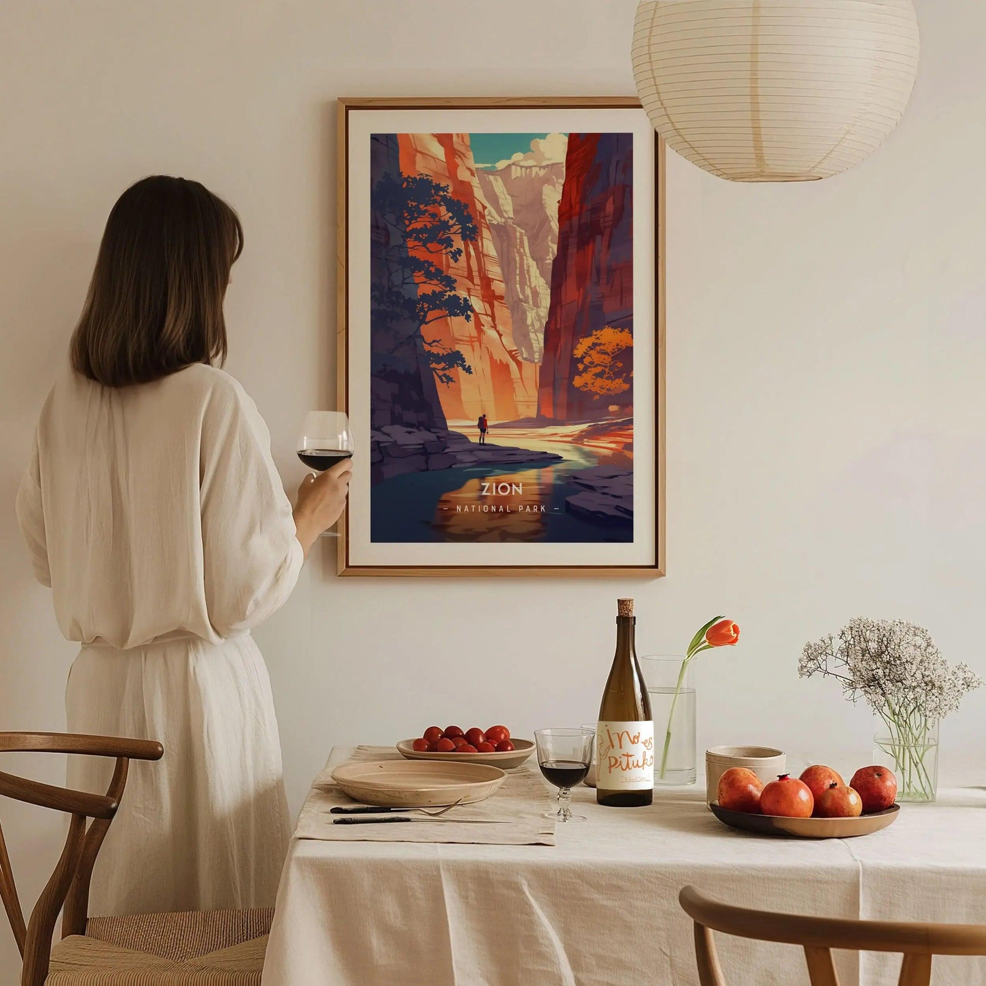 Framed Zion poster in clean modern art style with Utah canyon landscape
