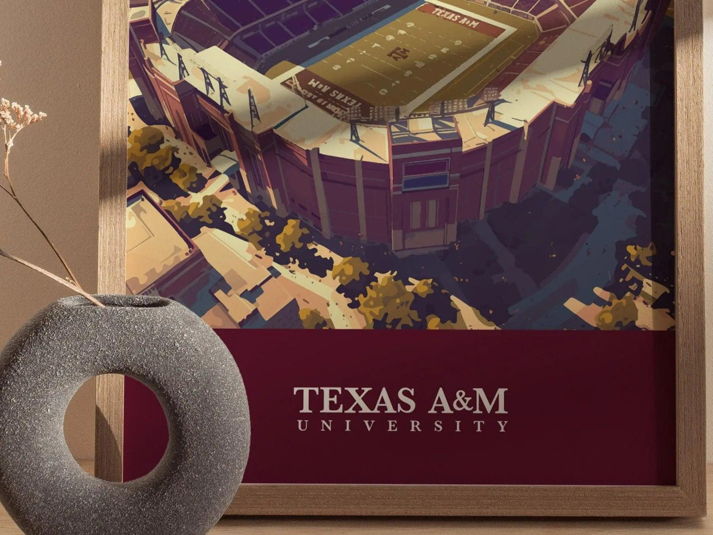 Natural wood framed Kyle Field poster showing Texas A&M Aggies College Station stadium and 12th Man tradition
