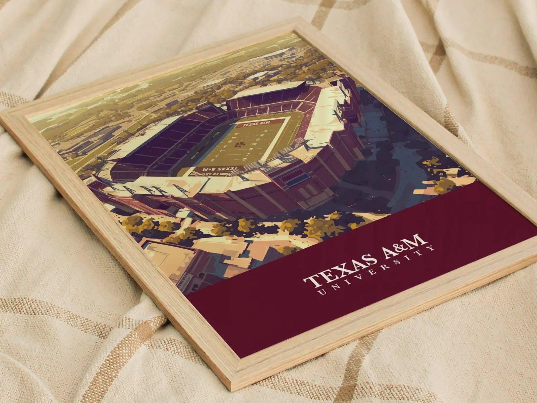 Framed artwork of a stadium with 'Texas A&M University' on a textured surface