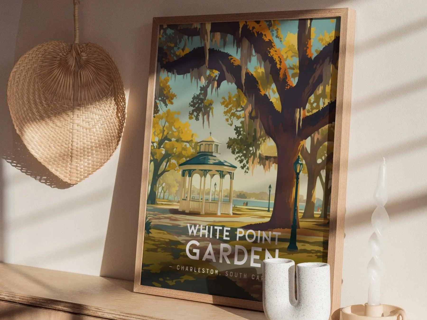 Natural wood framed White Point Garden poster showing Charleston harbor Battery landmark with live oak trees artwork