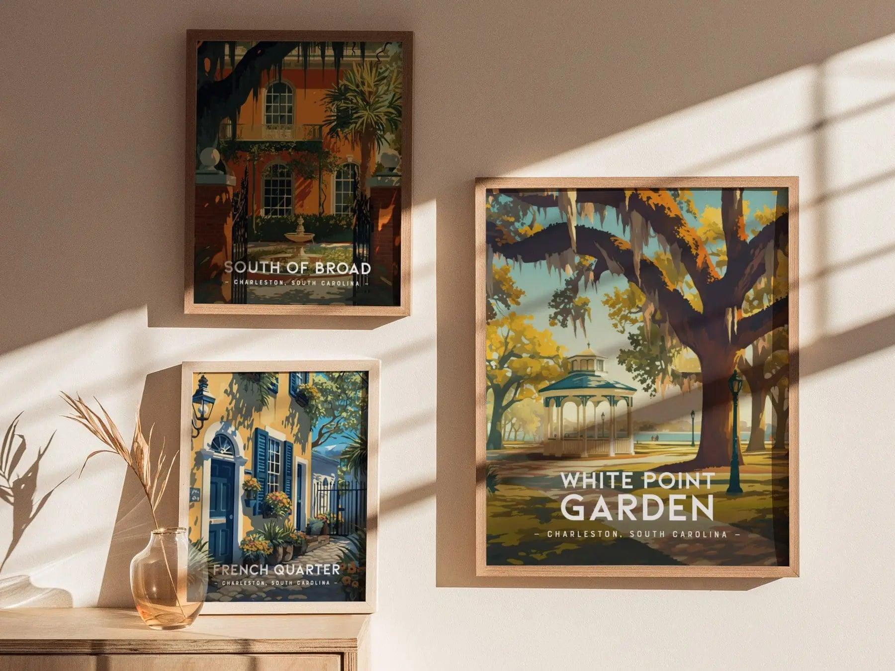 White Point Garden Charleston wall art displayed in Southern coastal home with Battery park and oak tree landscape
