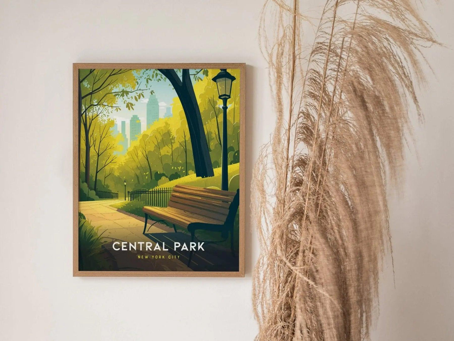 Central Park Poster, New York City Park View Art, Framed/Unframed NYC Wall Decor, Urban Park Bench Scene, Manhattan Skyline Gift - Swell Scenes