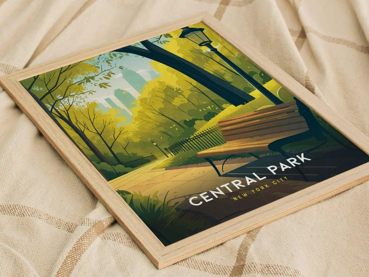 Central Park Poster, New York City Park View Art, Framed/Unframed NYC Wall Decor, Urban Park Bench Scene, Manhattan Skyline Gift - Swell Scenes