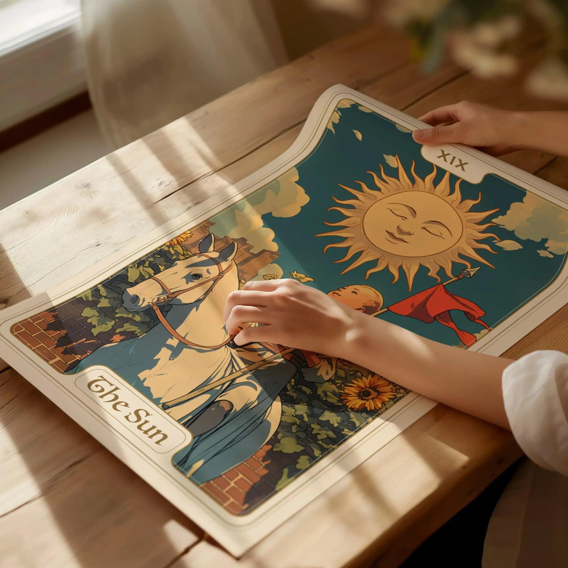 Unframed The Sun tarot print on premium matte paper with radiant Major Arcana XIX child and sunflower design