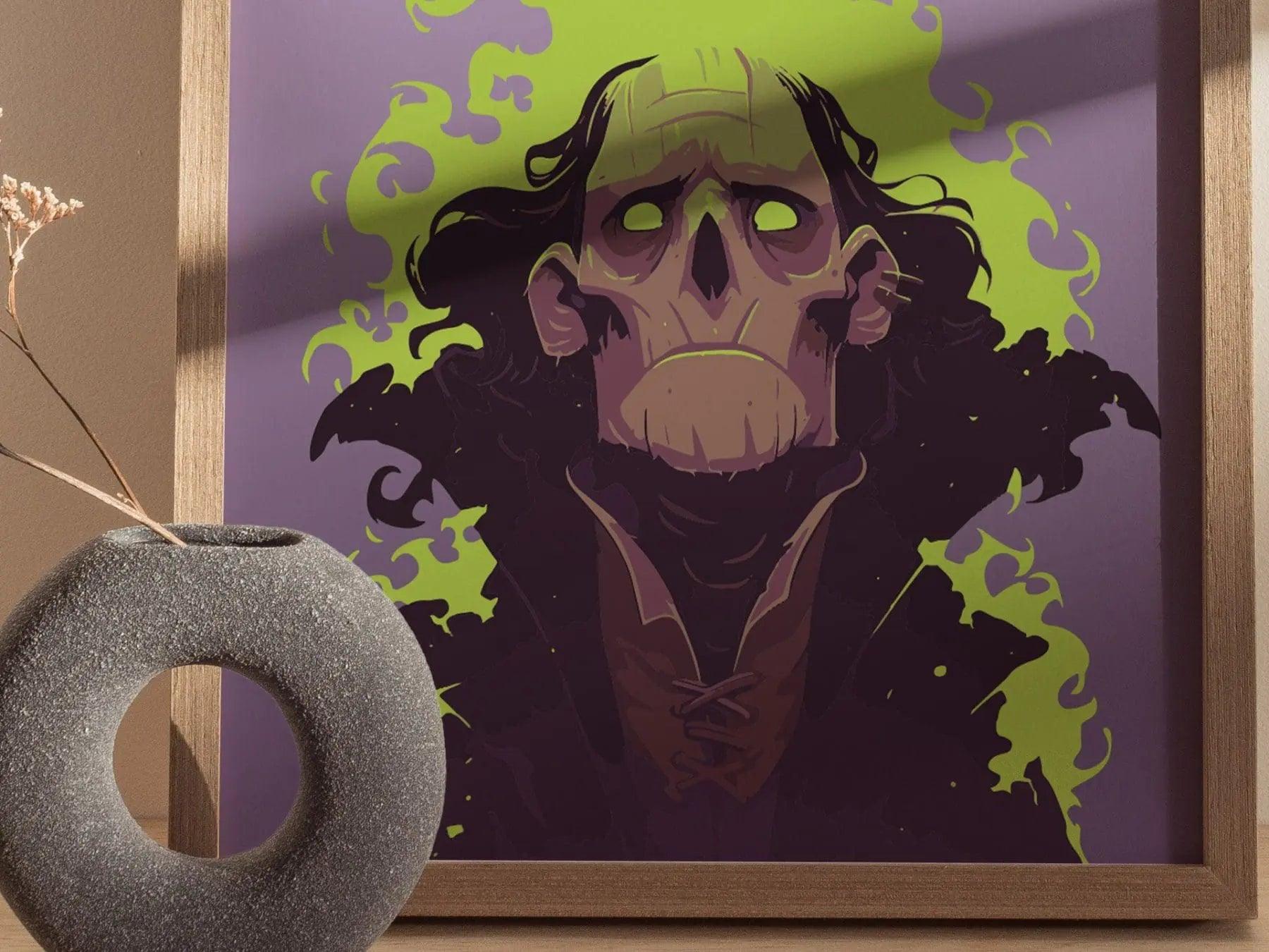 Undead Warlock Fantasy Portrait Framed Wall Art, LOTR D&D WoW RPG Fan Gift, Game Room Decor, Necromancer Folklore Dark Academia Gamer Poster - Swell Scenes