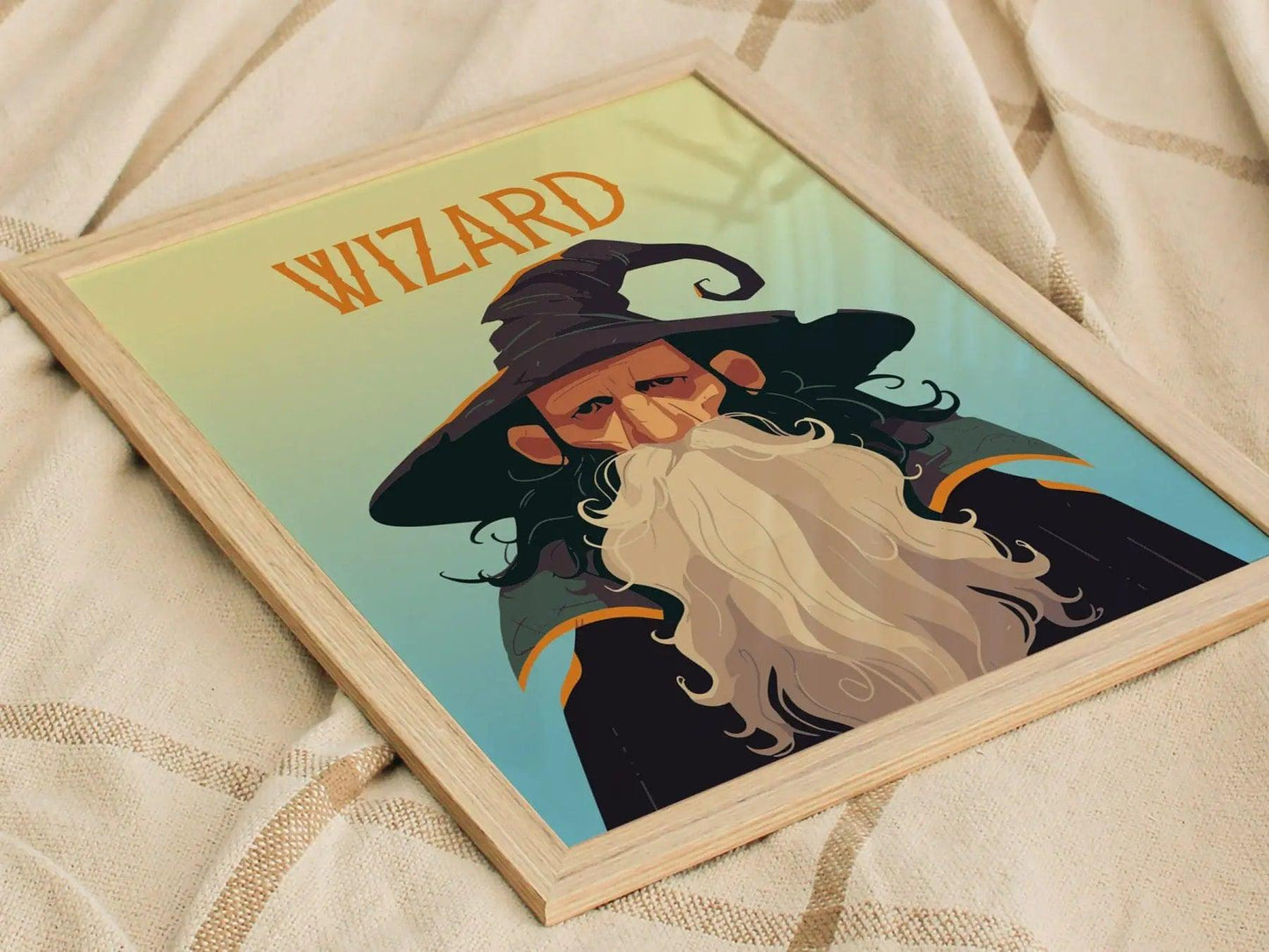 Framed artwork of a wizard with a beard and hat on a textured fabric background